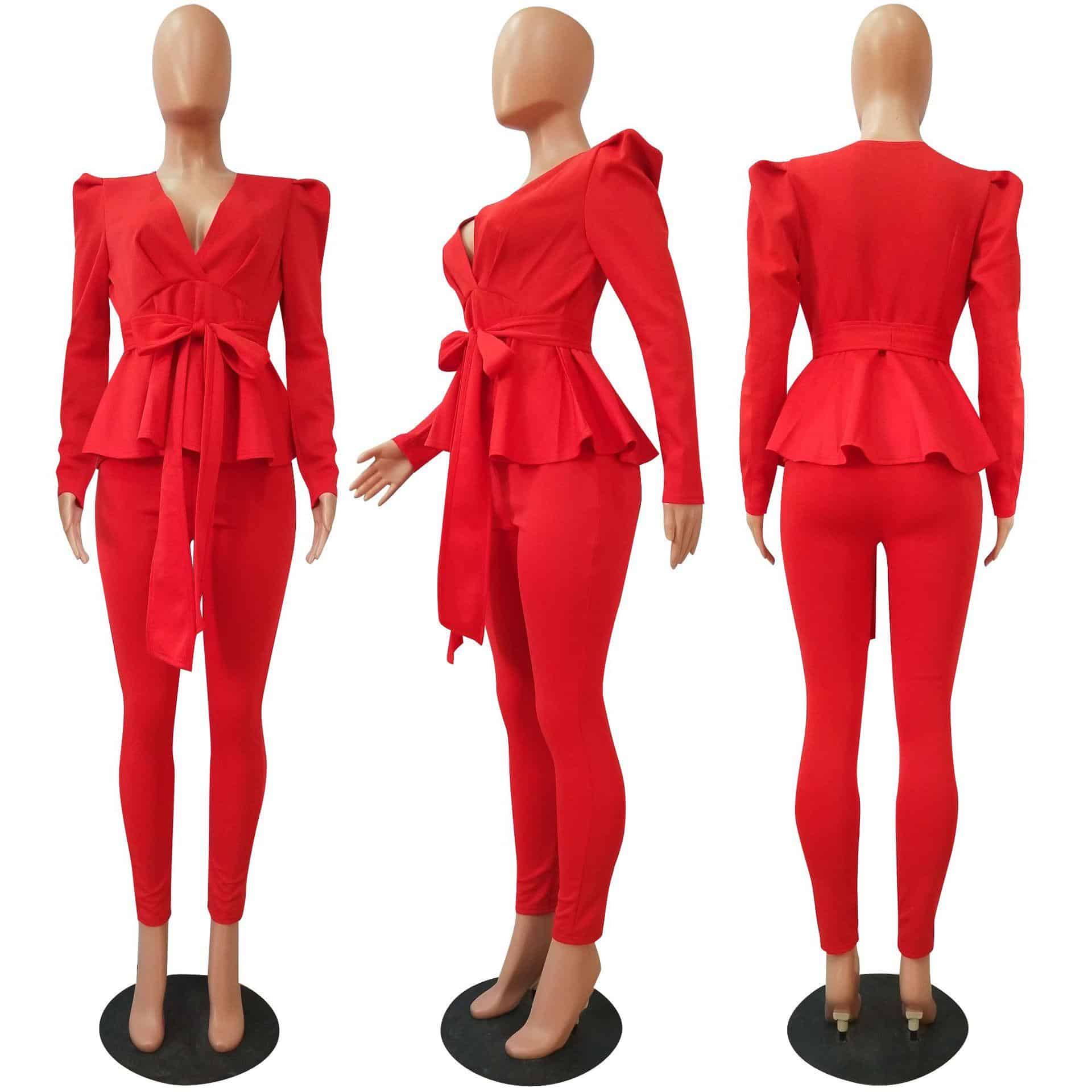 Solid Women Blazer Two Piece Set Casual V Neck Long Sleeve Ruffle Hem Blazer Coat Jacket Top Long Pants Suit Office Lady OL Set