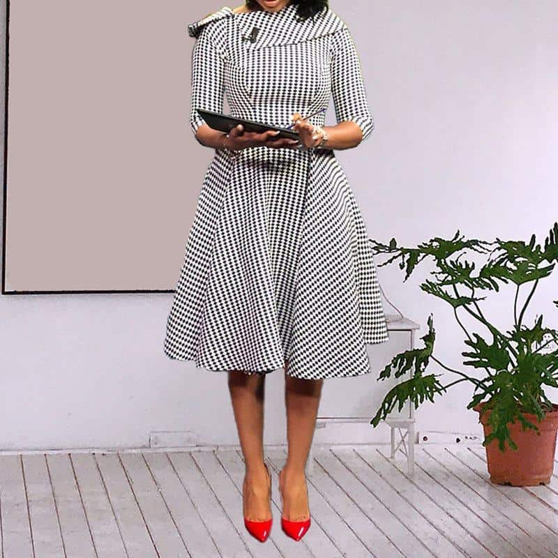 African Fashion Vintage Dot Print Dress Elegant Retro Chic Seven-Quarter Sleeve A Line Dress Office Lady Formal Business Dress