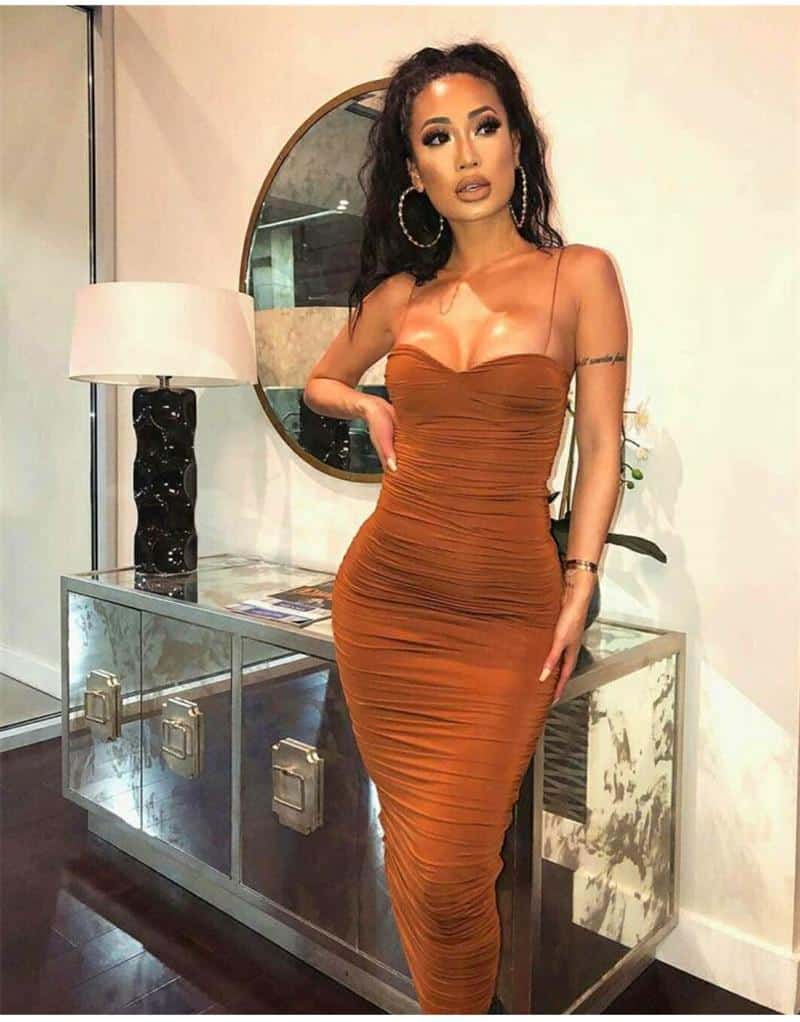 NewAsia 2 Layers Summer Dress Women Pleated Long Dress Sexy Spaghetti Straps Ruched Party Dress Brown Vestidos Robe Femme 2020