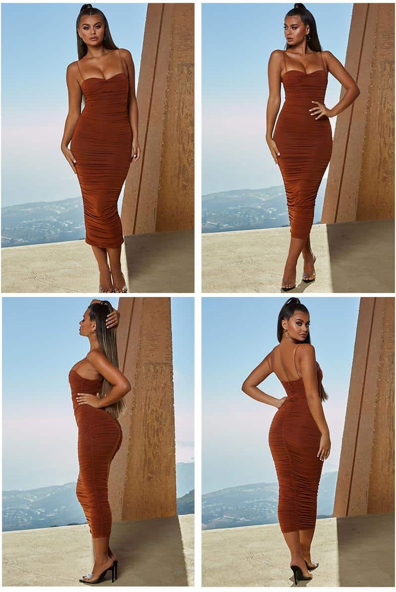 NewAsia 2 Layers Summer Dress Women Pleated Long Dress Sexy Spaghetti Straps Ruched Party Dress Brown Vestidos Robe Femme 2020