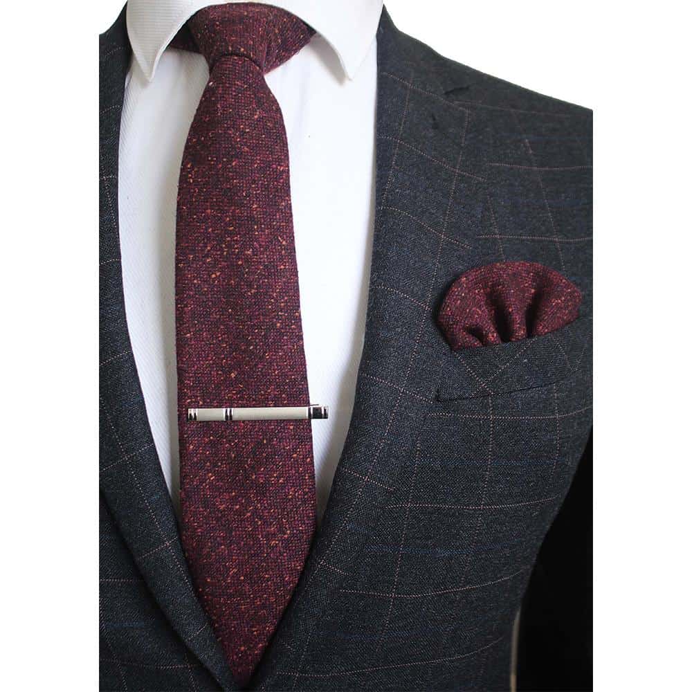 KAMBERFT Solid Color Cashmere Wool Necktie and Pocket Square Tie Clip Sets for Men 8cm Red Brown Green Gray For Men Wedding Tie