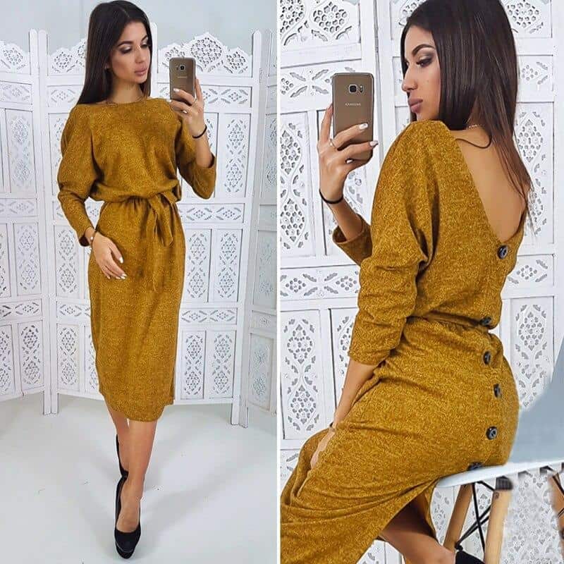 Sexy Knitted Back Button Backless Split Batwing Sleeve Ladies Dress Autumn And Winter Mid-Length Woman Dress Fashion Loose