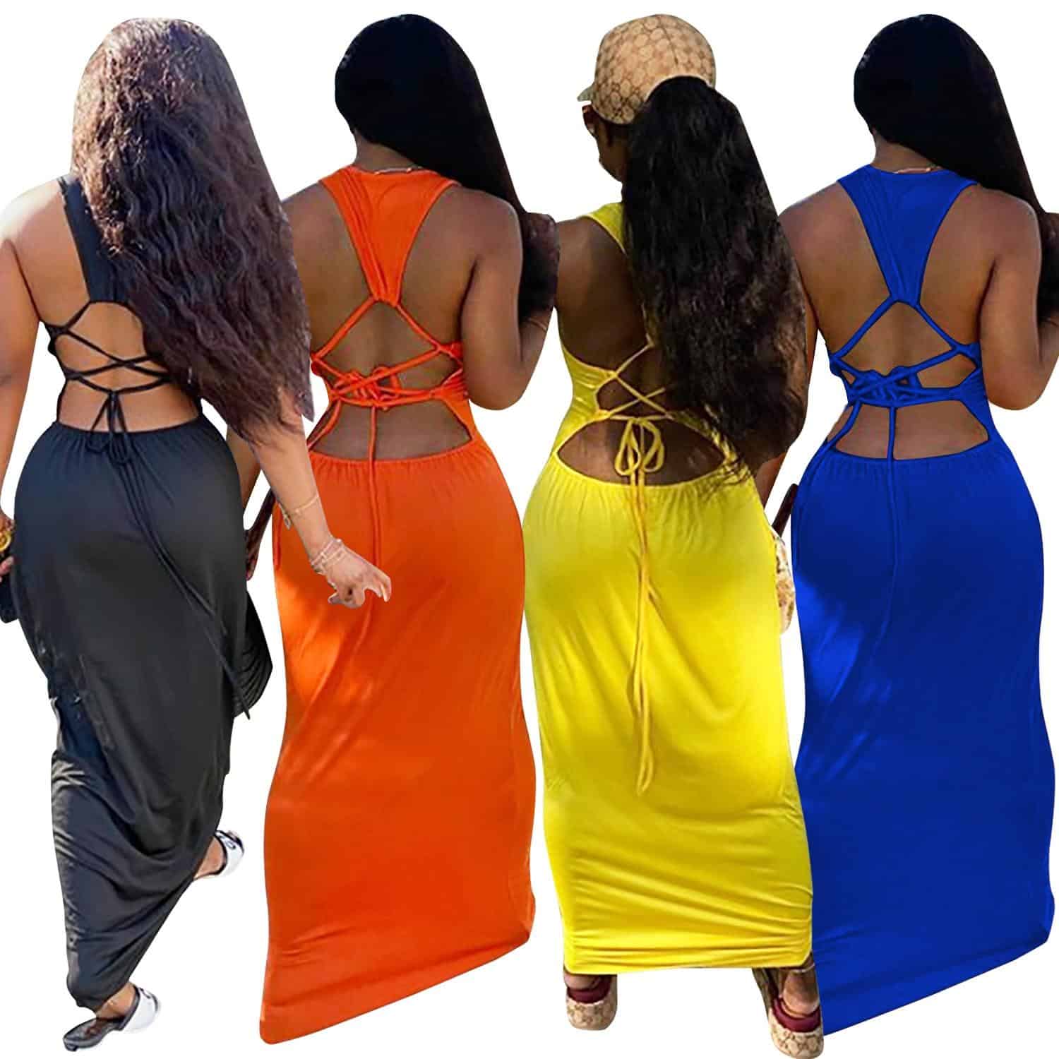 Zoctuo Tank Long Sexy Club Bodycon Dress Streetwear 2020 Casual Lace Up Open Back Maxi Dress Fashion Square Collar Solid Dresses