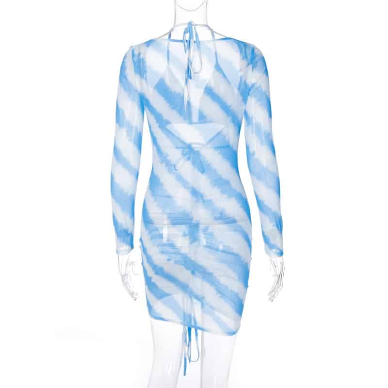 Hugcitar 2020 mesh see-through long sleeve 2 pieces bra mini dress ruched bandage autumn winter women streetwear outfit swimwear