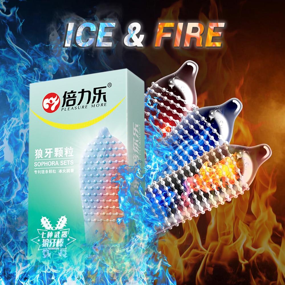 Beilile 10Pcs Fire & Ice Spike Condoms Large Dots Orgasm G-Spot Massage Penis Sleeve for Sex With Studs Funny Condoms For Men