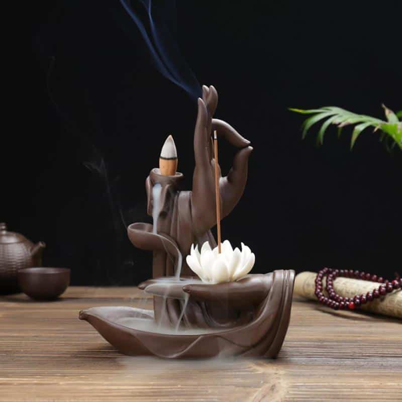 Backflow Incense Burner Buddha Hand Feng Shui Elegant Lotus Smoked Incense Burner Holder Home Living Room Decoration