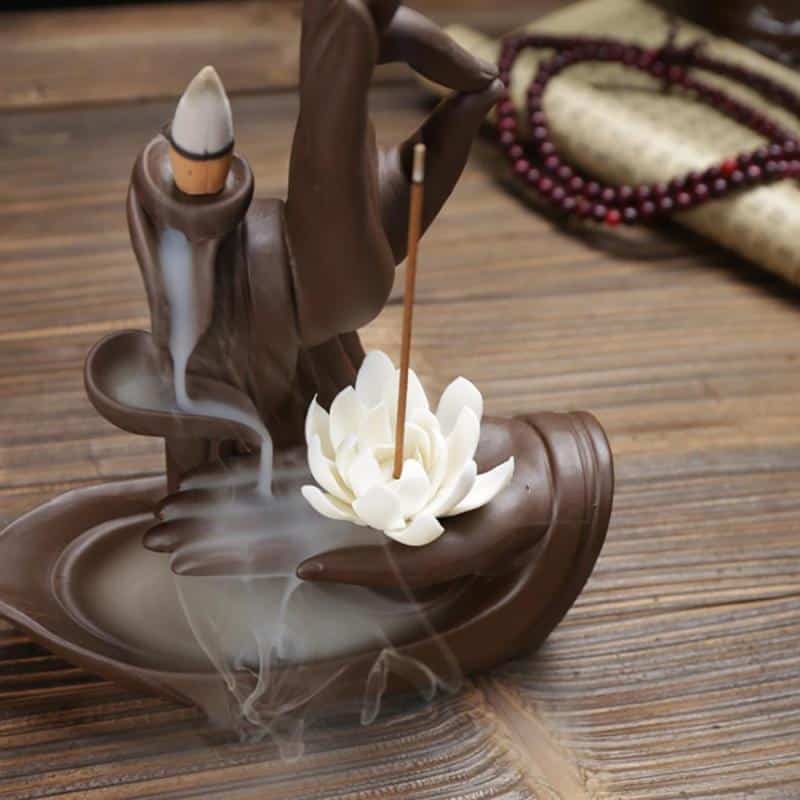 Backflow Incense Burner Buddha Hand Feng Shui Elegant Lotus Smoked Incense Burner Holder Home Living Room Decoration