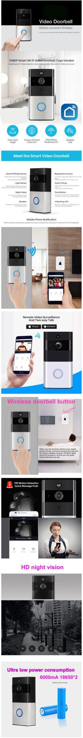 Tuya Smart Video Doorbell 1080P WiFi Video Intercom SmartLife APP Remote Control Wireless Door Bell Camera Home Security Monitor