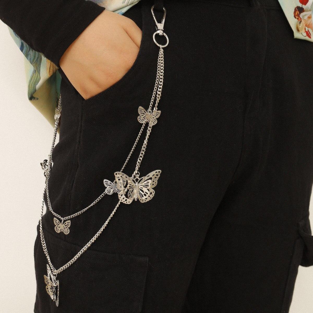New Fashion Women Two Layer Butterfly Chains For Pant Rock Hiphop Punk Silver Gold Metal Chain Belts Trousers Keychain Jewelry