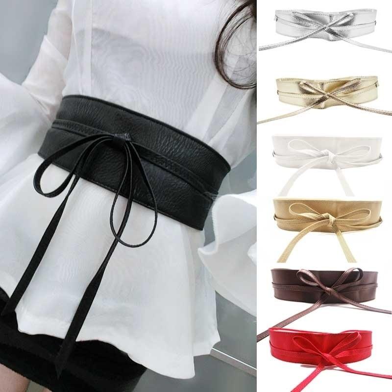 2020 1PC Fashion Spring Autumn Women Lady Fashion Metallic Color Soft Faux Leather Wide Belt Self Tie Wrap Waist Mujer Dress