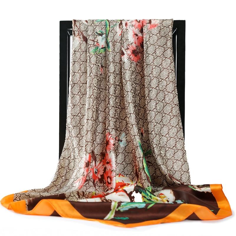 Silk Scarves Women Print Foulard Satin Square Head Hijab Scarfs For Ladies Luxury Brand Shawls 90cm Bandana female muffler Scarf