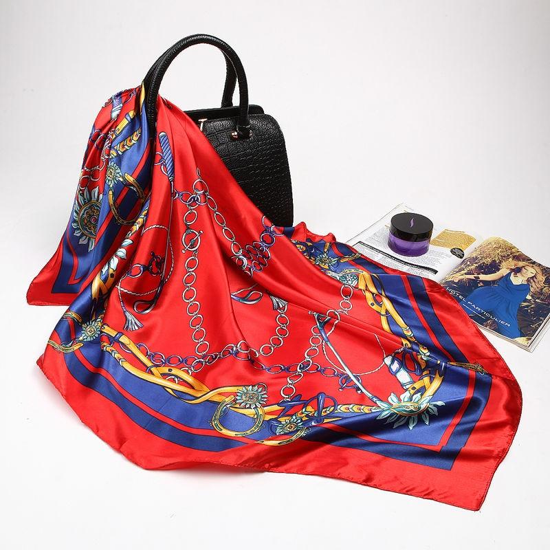 Large Hijab Scarves For Women Fashion Print Silk Satin Scarf Female 90cmx90cm Luxury Brand Square Shawls Head Scarfs For Ladies
