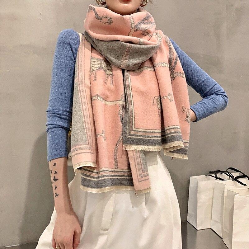 Luxury Brand Horse Carriage Chain Scarf For Women Winter Warm Cashmere Pashmina Scarf Shawls Female Thick Blanket Wraps Foulard