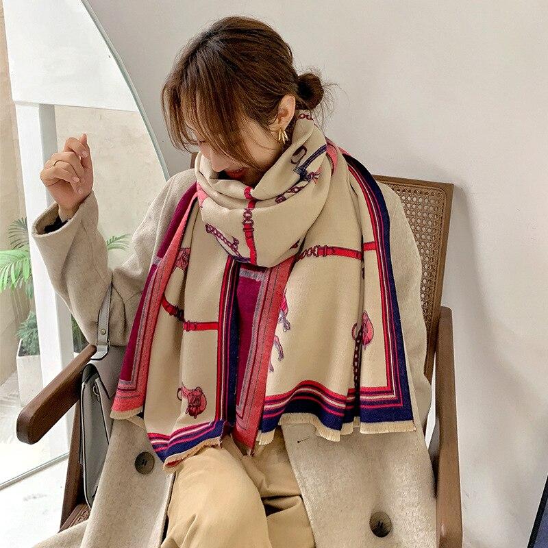 Luxury Brand Horse Carriage Chain Scarf For Women Winter Warm Cashmere Pashmina Scarf Shawls Female Thick Blanket Wraps Foulard