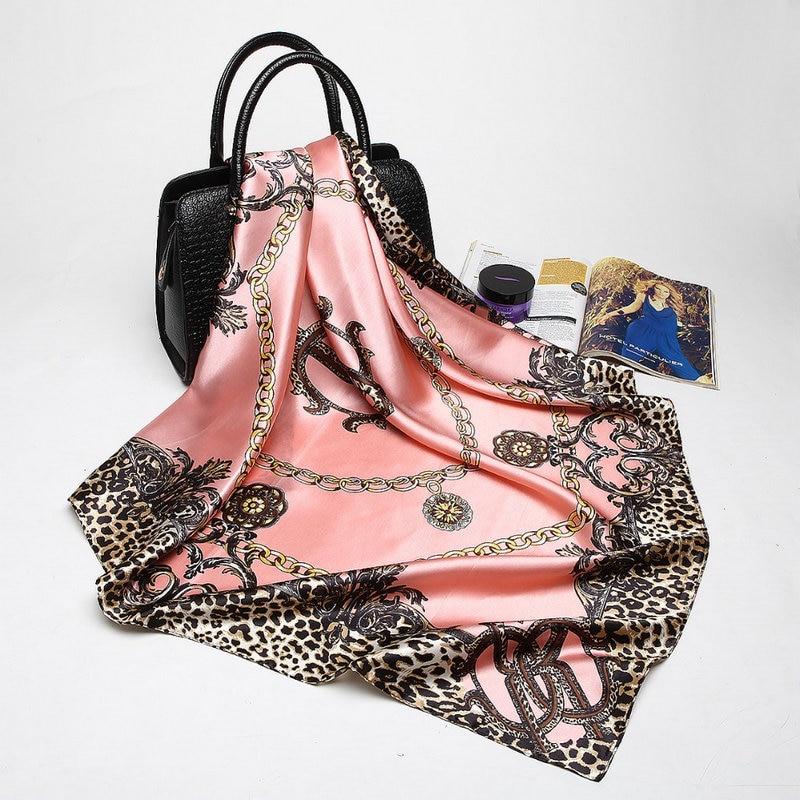 Fashion Leopard Print Scarves For Women Red Silk Satin Hijab Scarf Female 90*90cm Luxury Square Shawl Headband Scarfs For Ladies
