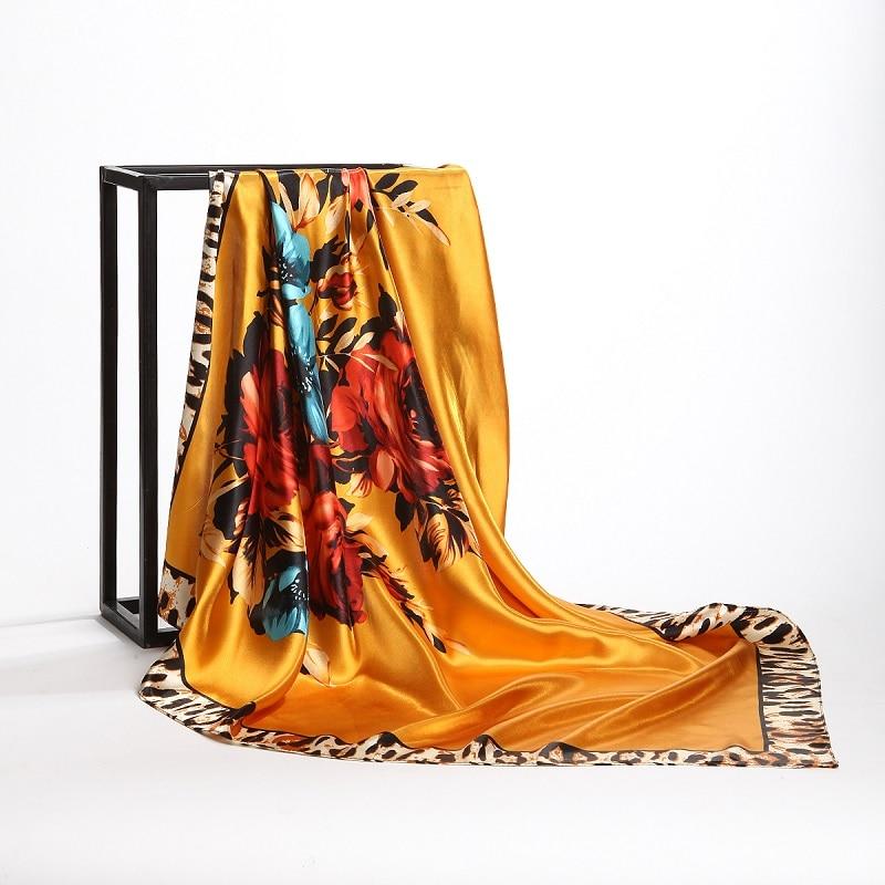 Fashion Leopard Print Scarves For Women Red Silk Satin Hijab Scarf Female 90*90cm Luxury Square Shawl Headband Scarfs For Ladies