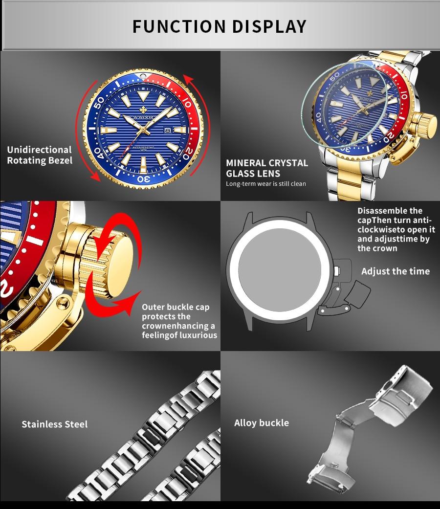 WWOOR New Luxury Military Gold Watches Mens 2020 Sports Dive Quartz Wrist Watch Full Steel Luminous Waterproof Relogio Masculino