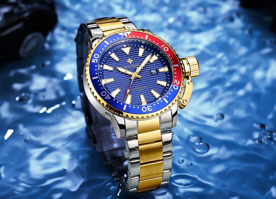WWOOR New Luxury Military Gold Watches Mens 2020 Sports Dive Quartz Wrist Watch Full Steel Luminous Waterproof Relogio Masculino