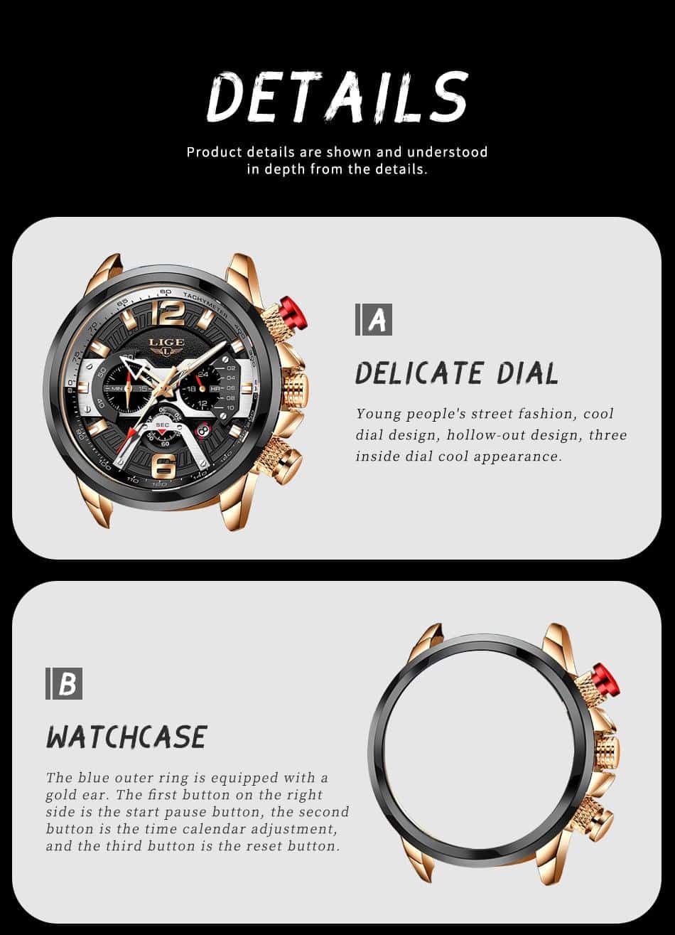 2021 New Mens Watches LIGE Top Brand Leather Chronograph Waterproof Sport Automatic Date Quartz Watch For Men Relogio Masculino