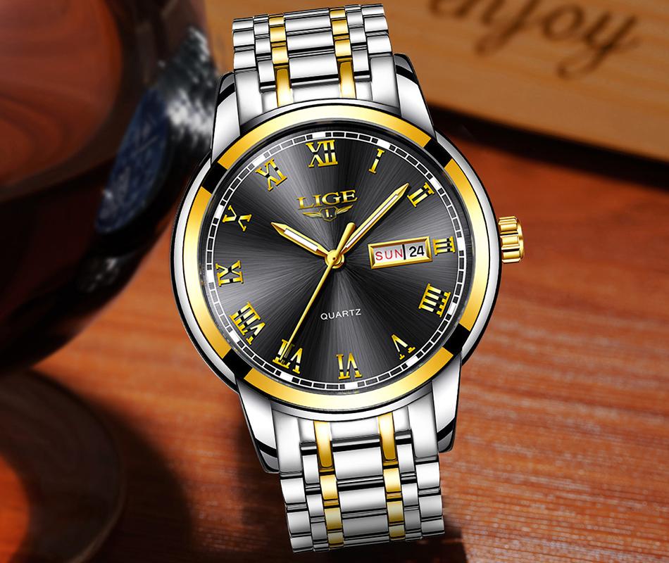 Watches Mens 2019 Fashion Quartz Gold Clock LIGE Brand Top Luxury All Steel Men Wristwatch Waterproof Date Week Dial Watch+Box