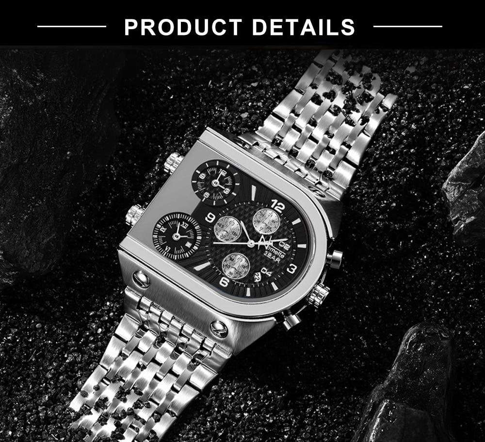 TEMEITE Quartz Mens Watches Top Brand Luxury Golden Clock 3 Time Zone Date Stainless Steel Strap Military Oversize Wristwatch