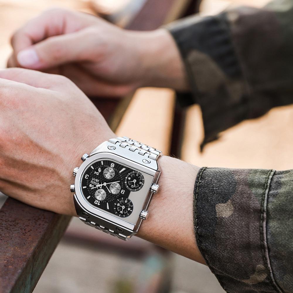 TEMEITE Quartz Mens Watches Top Brand Luxury Golden Clock 3 Time Zone Date Stainless Steel Strap Military Oversize Wristwatch