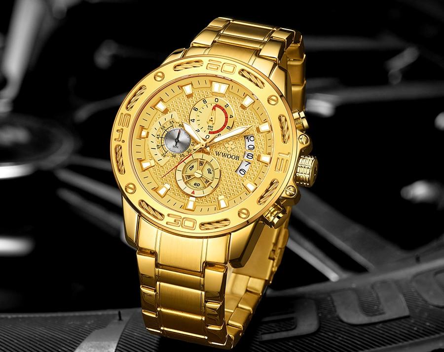 WWOOR 2020 Fashion Mens Watches Top Brand Luxury Gold Full Steel Quartz Watch Men Waterproof Sport Chronograph Relogio Masculino