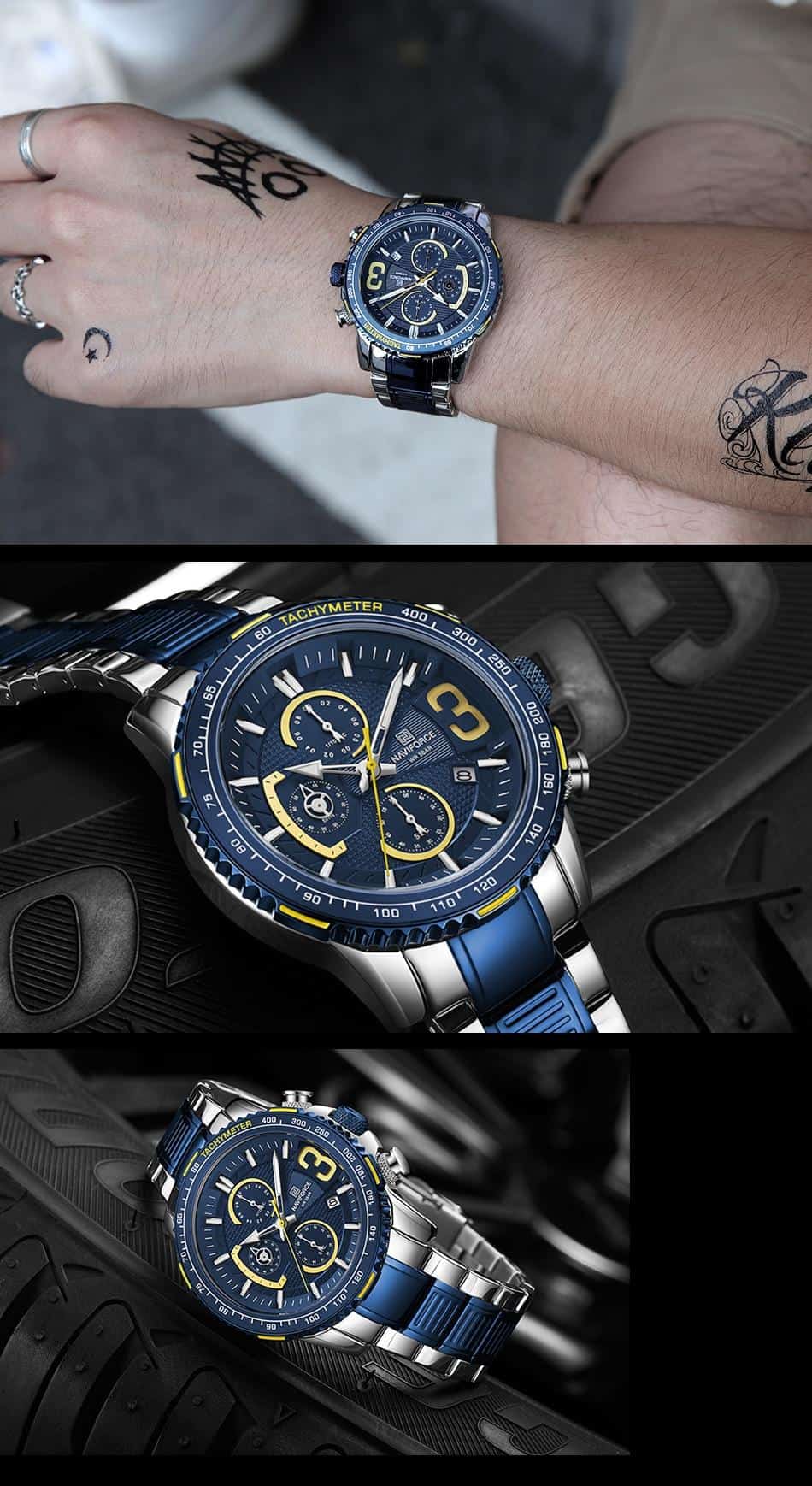 NAVIFORCE Mens Quartz Multifunction Chronograph Sports Watches Fashion Waterproof Military Top Luxury Stainless Steel Wristwatch