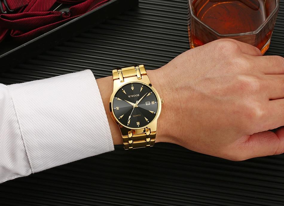 2020 WWOOR Diamond Watches Mens Top Brand Luxury Gold Black Date Quartz Watch For Men Fashion Dress Wrist Watches relojes hombre