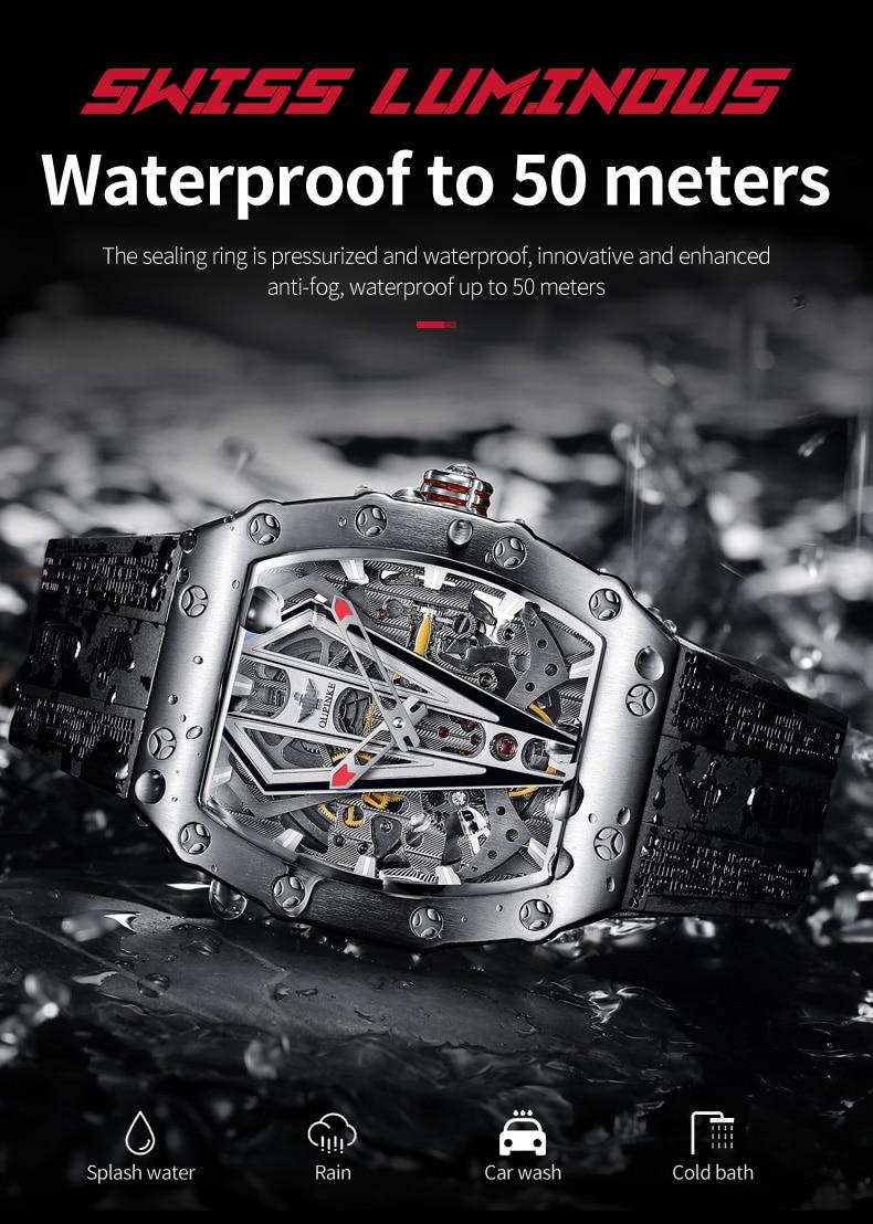 OUPINKE Top Luxury Brand Fashion Skeleton Design Automatic Mechanical Men Wristwatch Waterproof Cilicone Watchstrap Men Gift Box