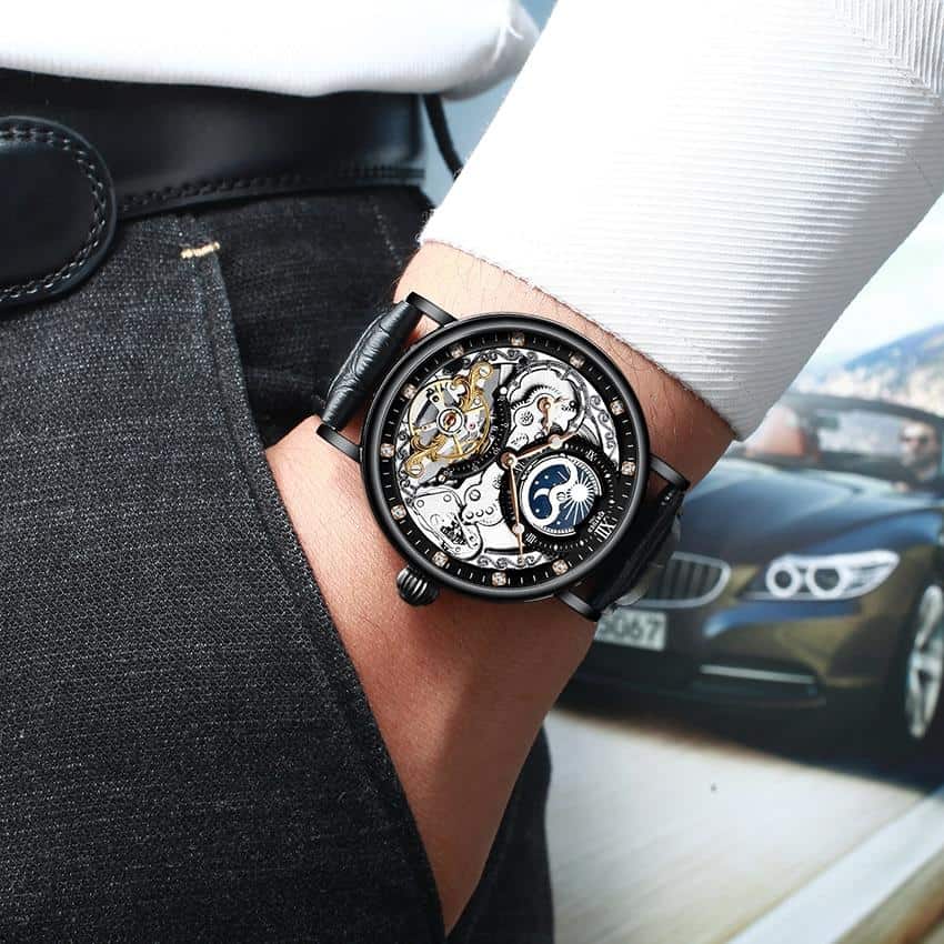 KINYUED Skeleton Watches Mechanical Automatic Watch Men Tourbillon Sport Clock Casual Business Moon Wrist Watch Relojes Hombre
