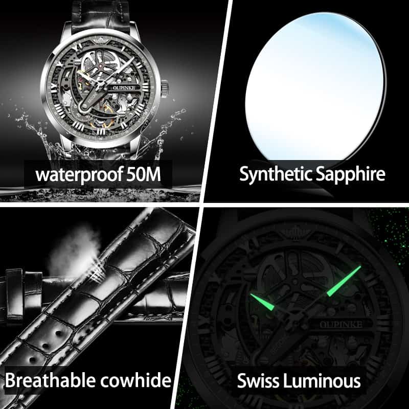Top Brand OUPINKE Luxury Men’s Mechanical Wristwatch Automatic Watch Men Classic Skeleton Leather Sapphire Waterproof