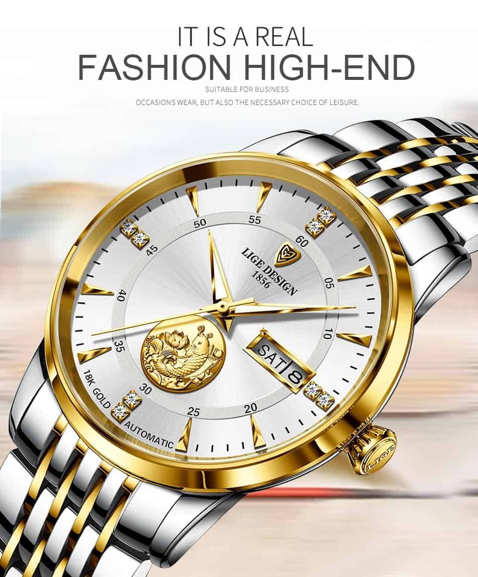 2020 LIGE Design Fashion Mechanical Gold Watch Men Stainless Steel Waterproof Male Clock Sport Tourbillon Automatic Wristwatch