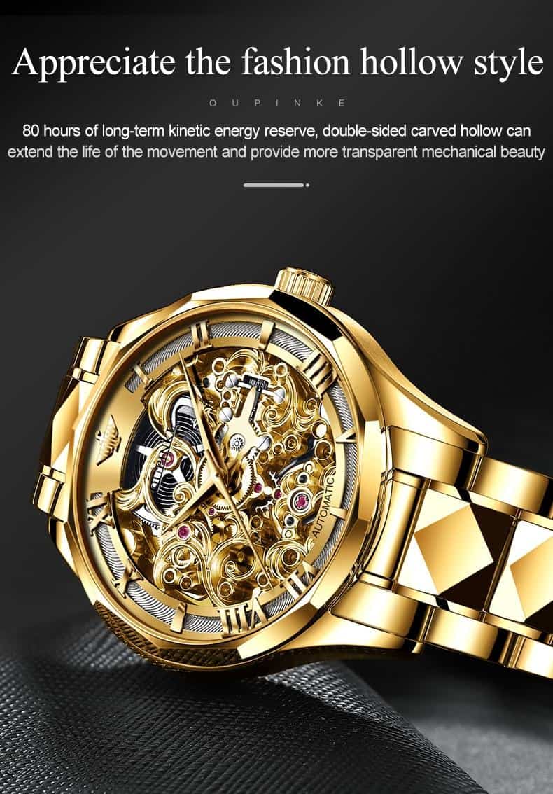 OUPINKE Luxury Men Watches Gold Skeleton Mechanical Watch Men Automatic Sapphire Glass Stainless Steel Wristwatch montre homme