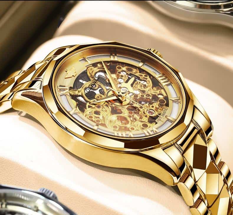 OUPINKE Luxury Men Watches Gold Skeleton Mechanical Watch Men Automatic Sapphire Glass Stainless Steel Wristwatch montre homme