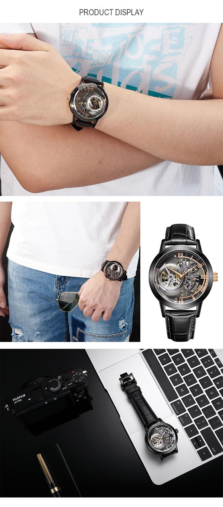 OBLVLO Casual Watches Mens Skeleton Dial Calfskin Leather Band Rose Gold Watches Automatic Watches for Men Montre Homme VM 1