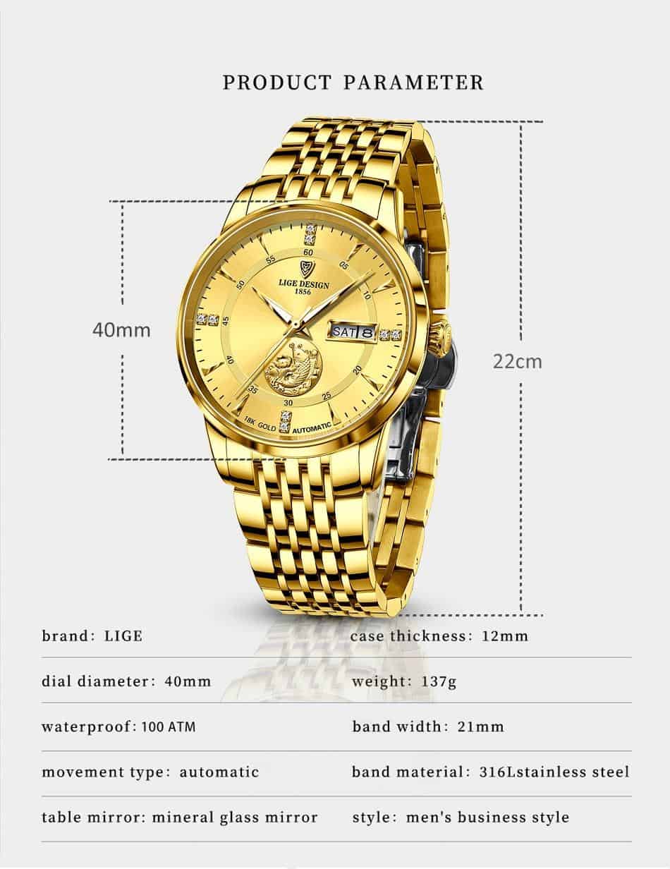 2021 LIGE New Fashion Wrist Watch Men Automatic Mechanical Tourbillon Stainless Steel Waterproof Business Gold Watch Gift Clocks