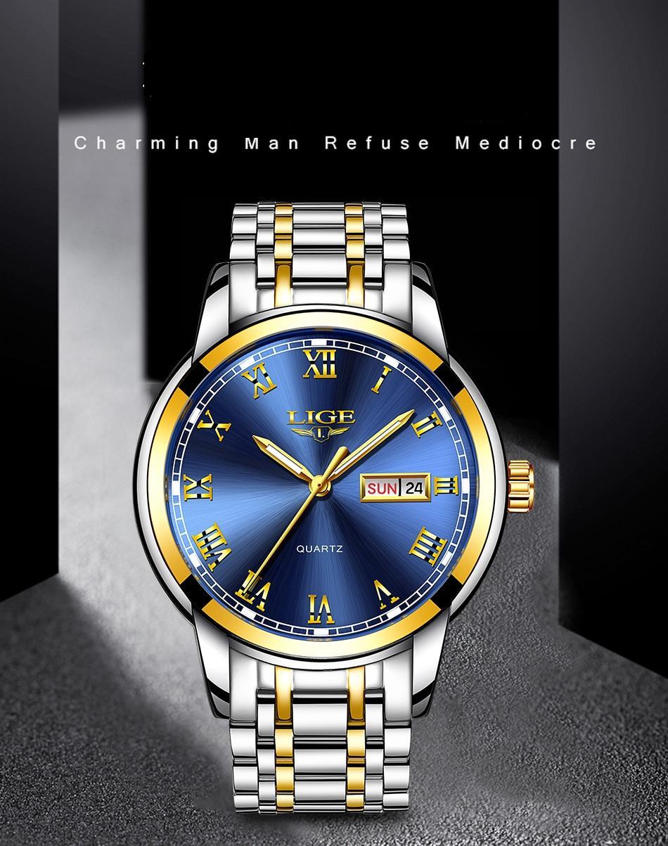 Watches Mens 2019 Fashion Quartz Gold Clock LIGE Brand Top Luxury All Steel Men Wristwatch Waterproof Date Week Dial Watch+Box