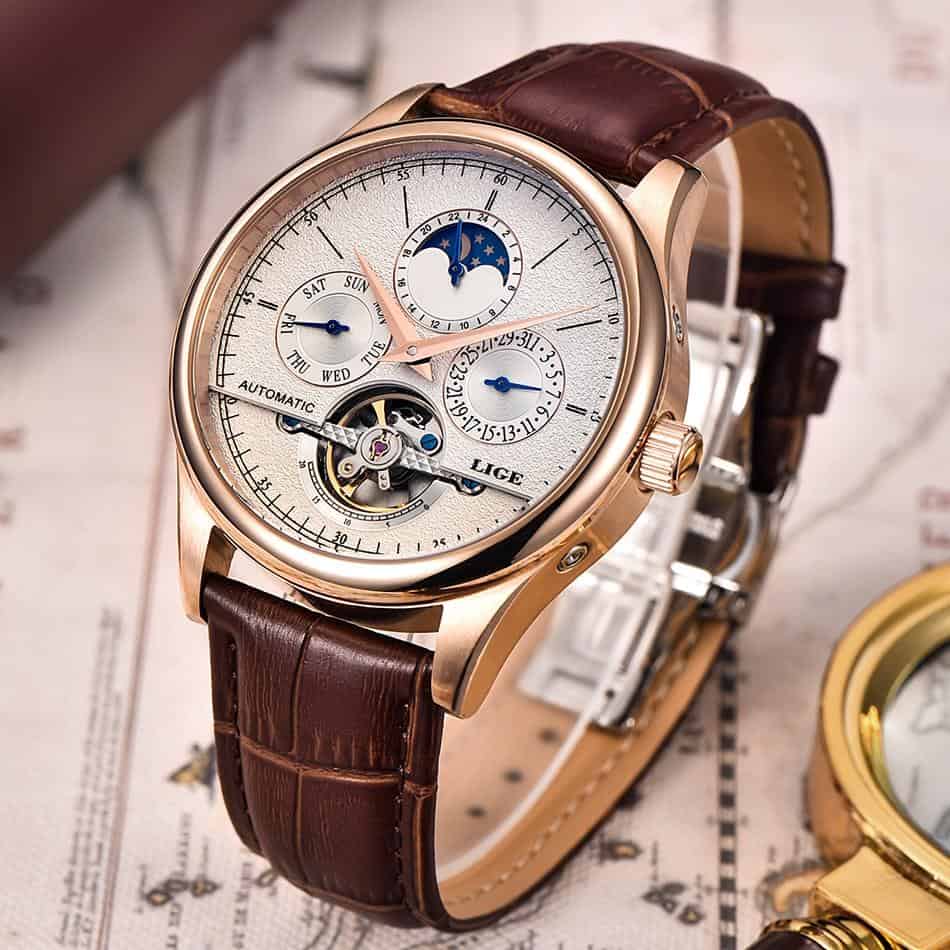 LIGE Classic Mens Retro Watches Automatic Mechanical Watch Tourbillon Clocks Genuine Leather Waterproof Business Wristwatch 2021