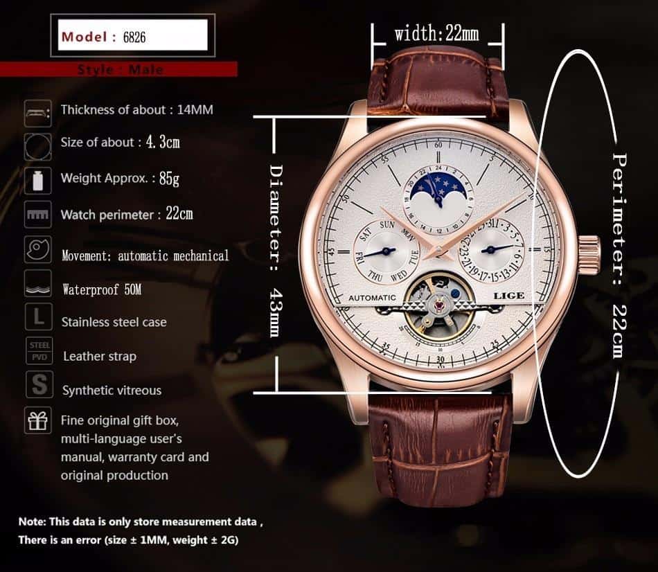 LIGE Classic Mens Retro Watches Automatic Mechanical Watch Tourbillon Clocks Genuine Leather Waterproof Business Wristwatch 2021