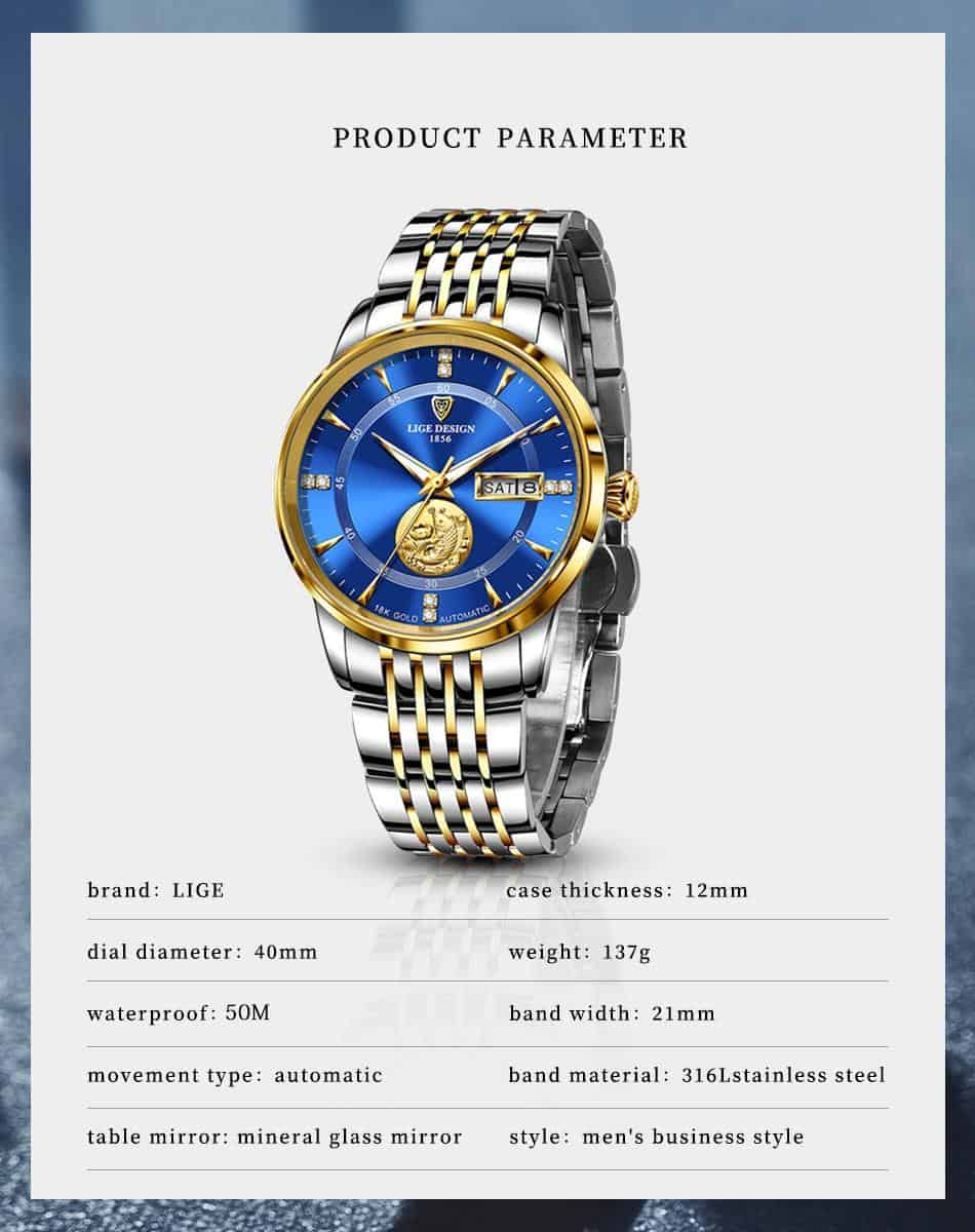 2021 New LIGE Fashion Mens Watches Top Brand Luxury Gold Watch Men All Steel Waterproof Tourbillo Automatic Mechanical Clock+Box