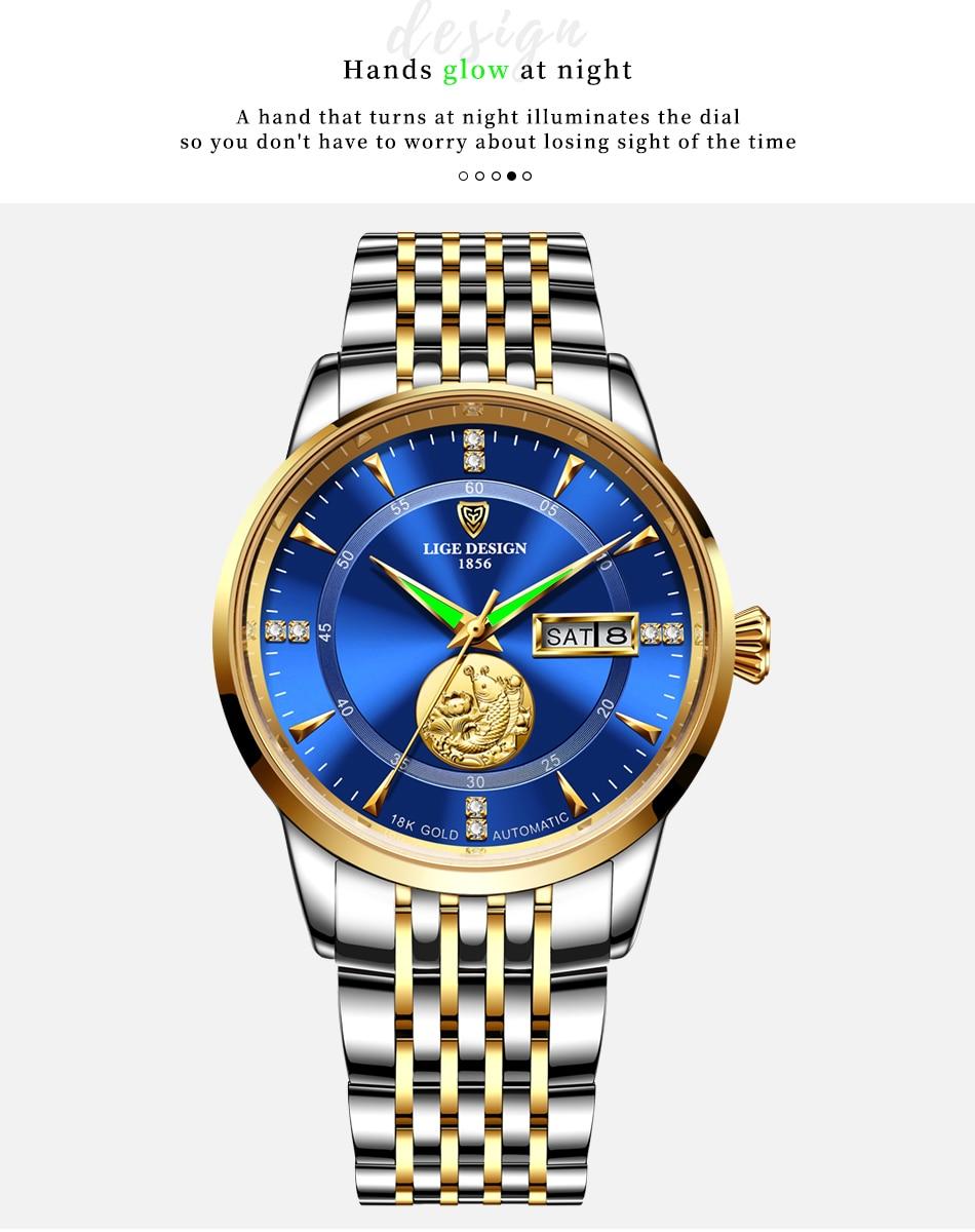 2021 New LIGE Fashion Mens Watches Top Brand Luxury Gold Watch Men All Steel Waterproof Tourbillo Automatic Mechanical Clock+Box
