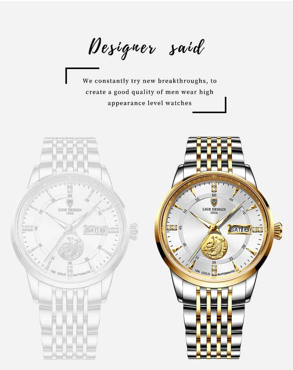 LIGE Men Automatic Mechanical Watches Luxury Brand Business Wrist Watch Tungsten Steel Waterproof Men Fashion Clock reloj hombre