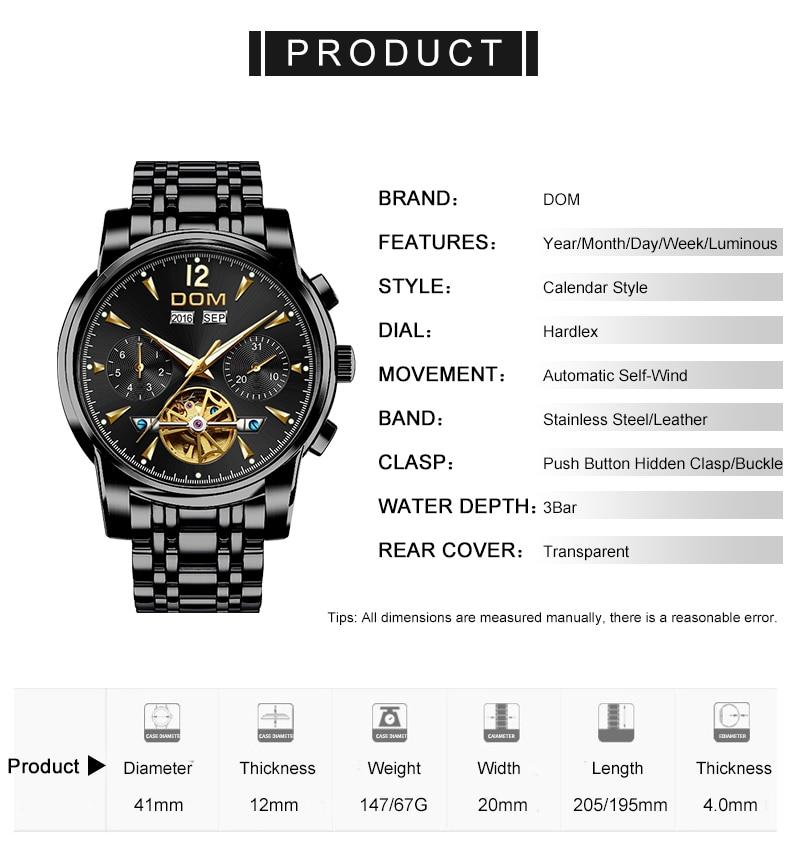DOM Mechanical Watch Men Wrist Automatic Retro Watches Men Waterproof Black Full-Steel Watch Clock Montre Homme M-75BK-1MW