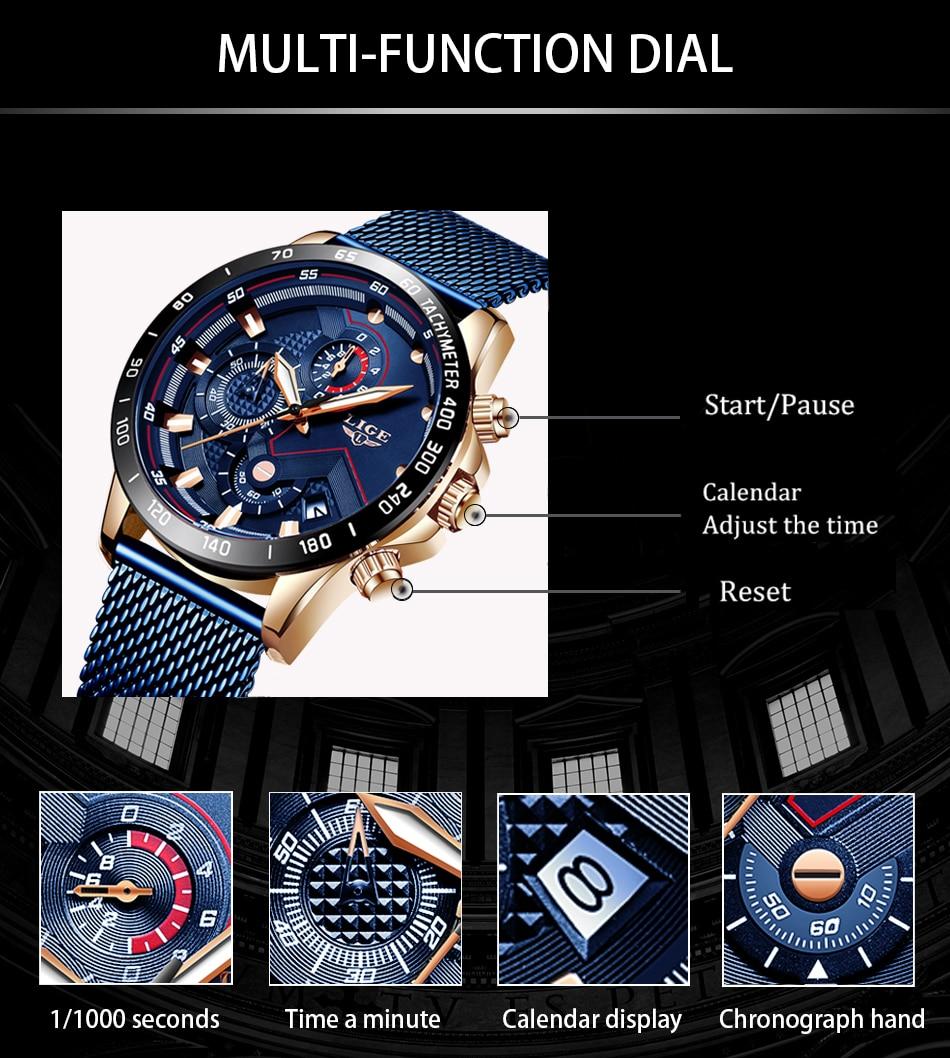 LIGE Men Watches Top Brand Luxury Stainless Steel Blue Waterproof Quartz Watch Men Fashion Chronograph Male Sport Military Watch