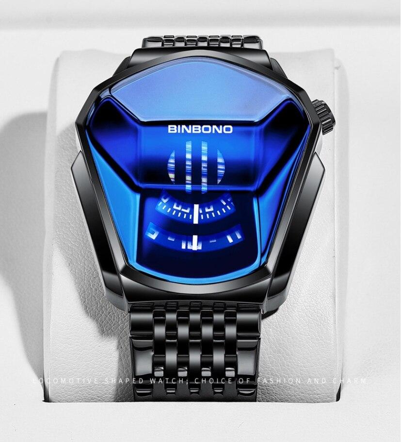 Fashion Cool Locomotive Mens Watches Top Brand Luxury Quartz Gold Wristwatch Men Waterproof Geometric Shape Relogio Masculino