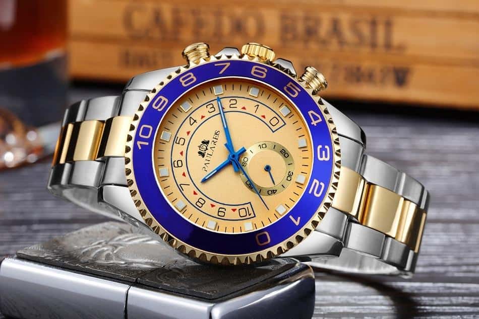 Automatic Self Wind Mechanical Stainless Steel Strap Casual Yellow Gold Silver Blue Bezel Master Business Men Watch
