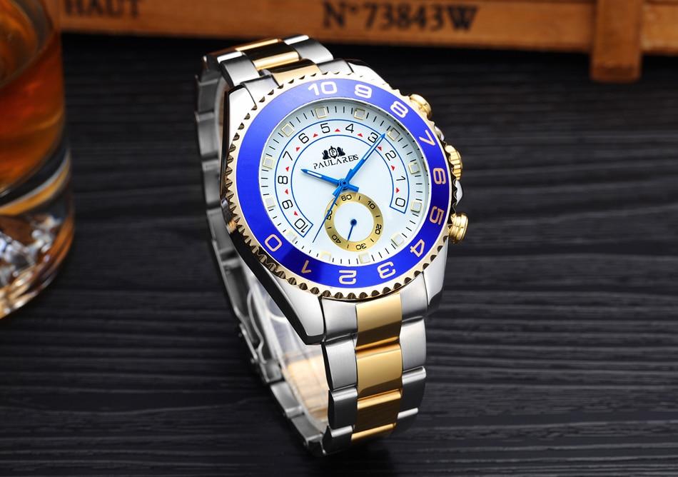 Automatic Self Wind Mechanical Stainless Steel Strap Casual Yellow Gold Silver Blue Bezel Master Business Men Watch