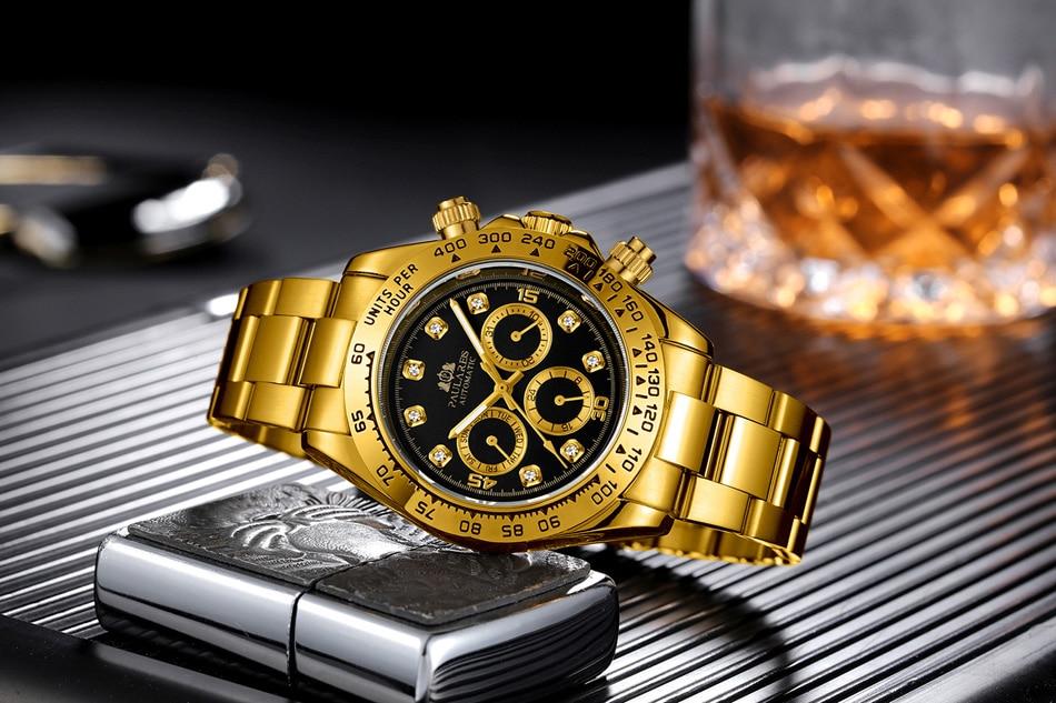 Automatic Watches Self Wind Mechanical Gold Black Stainless Steel Diamonds Stone Fashion Sports Luxury Men Watch
