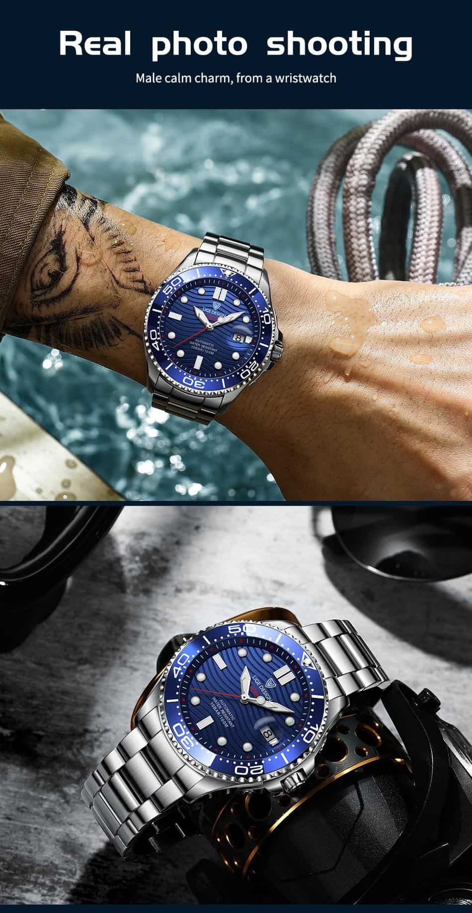 2020 LIGE Business Mechanical Mens Watches Top Brand Luxury 100M Waterproof Clock Diving Automatic Date Stainless Steel Watch